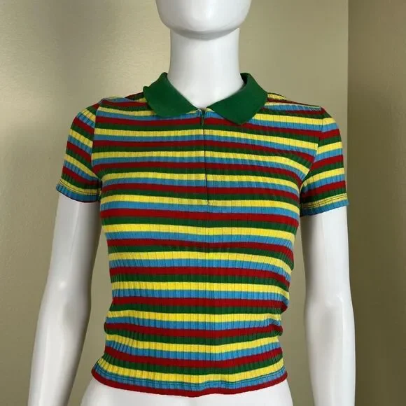 Zara Women's Size S Colorful Striped Ribbed Collard Pullover Short Sleeve Top - Picture 10 of 11